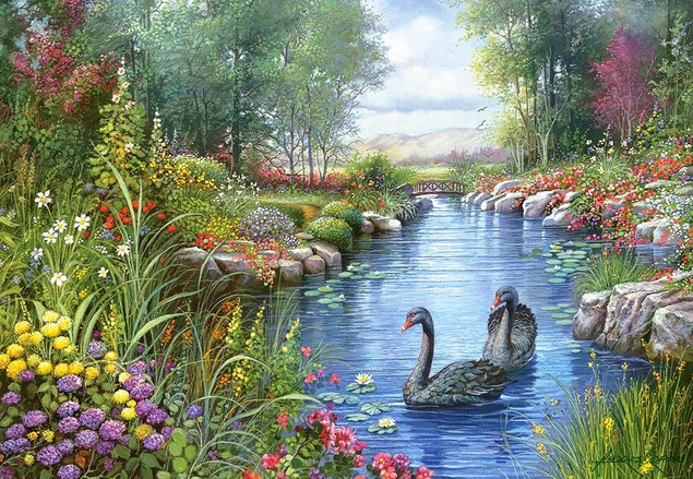 Puzzle 1500 Układanka Krajobraz CZARNE ŁABĘDZIE Rzeka Las 9+ Castorland_1