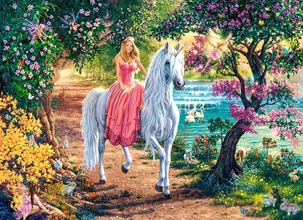 Puzzle 100 Układanka Księżniczka JEDNOROŻEC Koń Las Jezioro 6+ Castorland_1