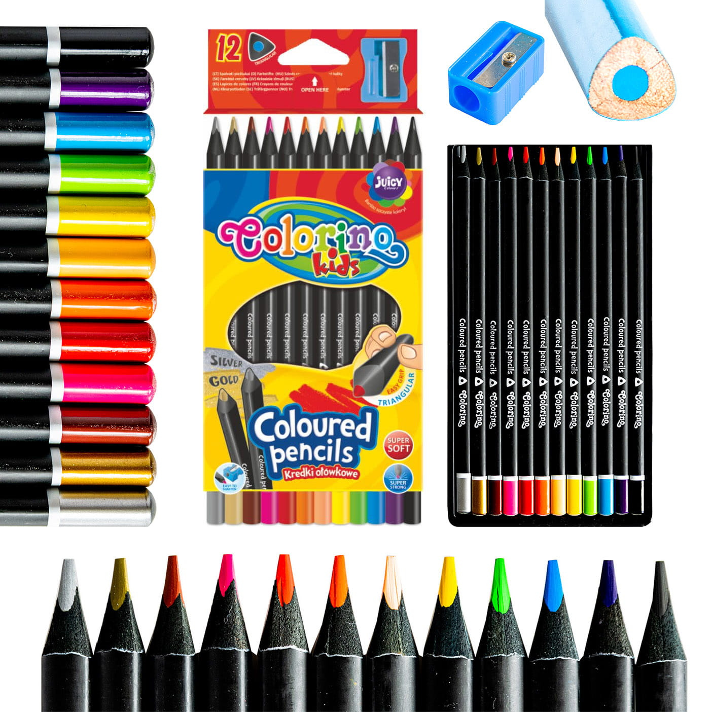 Kredki Ołówkowe Trójkątne Czarne Drewno 12 Kolorów + Temperówka Colorino_1