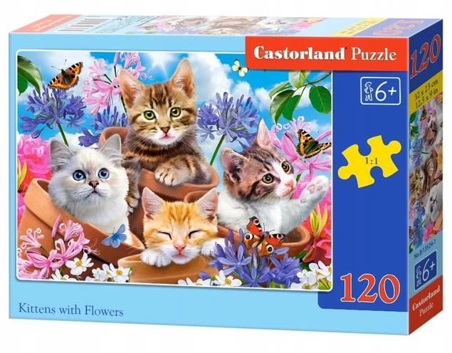 Puzzle 120 Układanka Koty KOTKI Motyl Kwiaty Zwierzęta Kocięta 6+ Castor_3