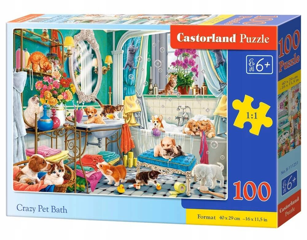 PUZZLE 100 ZWIERZĘTA PIES KOT KOTEK ZABAWA WANNA CASTORLAND_2