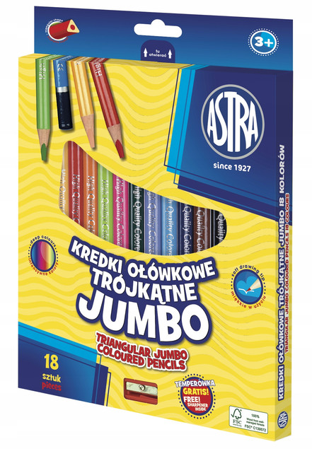 Kredki Ołówkowe Trójkątne Jumbo z Temperówką 18 Kolorów 3+ Astra_1