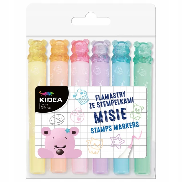 Flamastry Dwustronne Ze Stempelkami Misie 6 szt. PASTELOWE Kidea FSM6KA_6