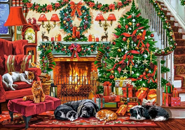 Puzzle 500 Układanka Święta BOŻE NARODZENIE Kominek Psy Koty 9+ Castorland_1