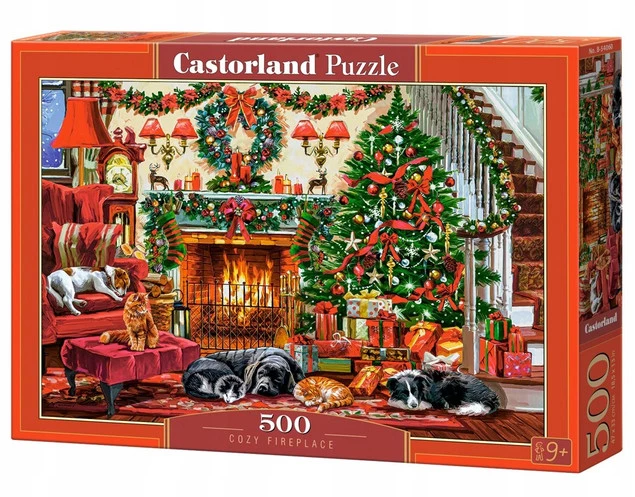 Puzzle 500 Układanka Święta BOŻE NARODZENIE Kominek Psy Koty 9+ Castorland_2