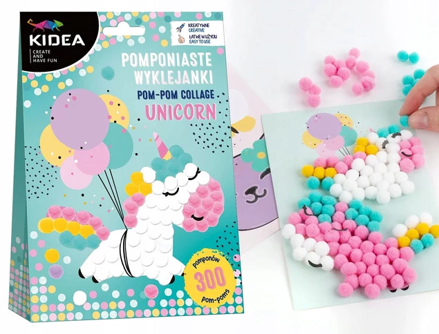 Zestaw Kreatywny POMPONIASTE WYKLEJANKI Jednorożce 300 Pomponów 3+ Kidea_1