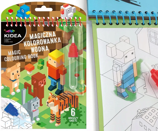 Magiczna Wielorazowa Kolorowanka Wodna MINECRAFT PIXELE 6 Szt Pisak Kidea_1
