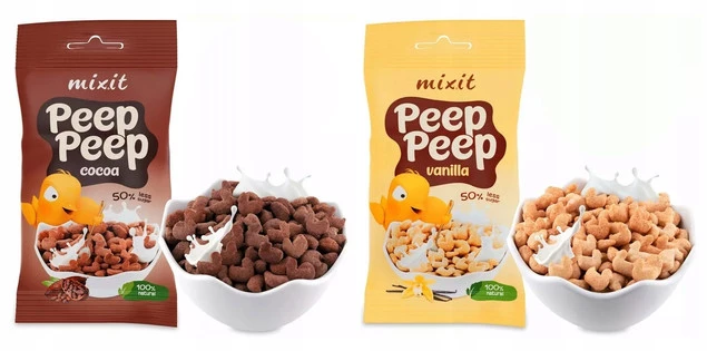 2x MIXIT Płatki Śniadaniowe Peep Peep KAKAOWE WANILIOWE Saszetki 25g_1