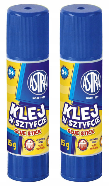 2x Klej w Sztyfcie Szkolny Biurowy ZMYWALNY BEZBARWNY 3+ Astra 15g_1