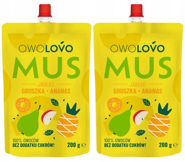 2x OwoLovo Mus JABŁKO GRUSZKA ANANAS Dla Dzieci Bez Cukrów 200g_1