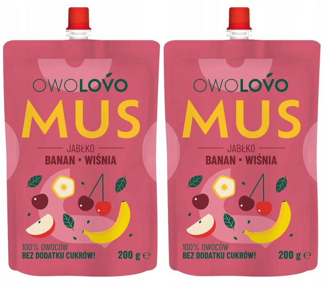 2x OwoLovo Mus JABŁKO BANAN WIŚNIA Dla Dzieci Bez Cukrów 200g_1