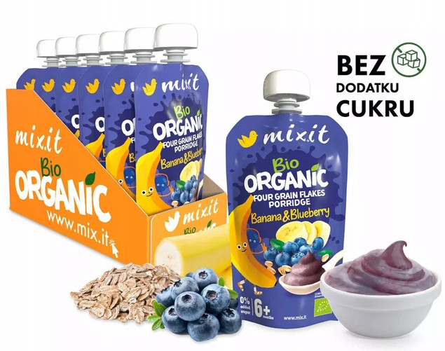 6x MIXIT BIO Kaszka Naturalna BANAN JAGODA Płatki Czteroziarniste 110g 6M+_1