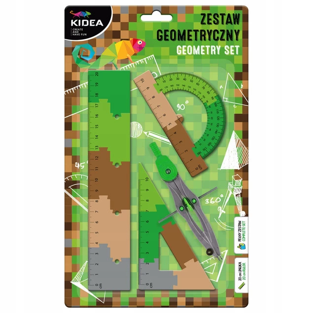 Zestaw Geometryczny 4 Elementy 20 cm CYRKIEL EKIERKA KĄTOMIERZ Moro Kidea_1