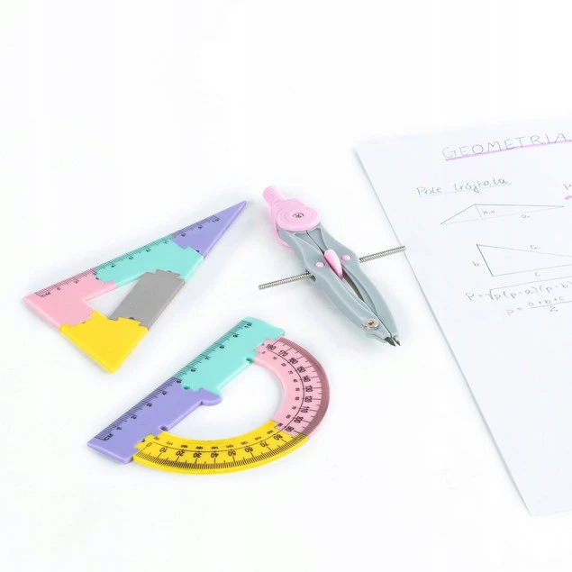 Zestaw Geometryczny 4 Elementy 20 cm CYRKIEL EKIERKA KĄTOMIERZ Pastel Kidea_3