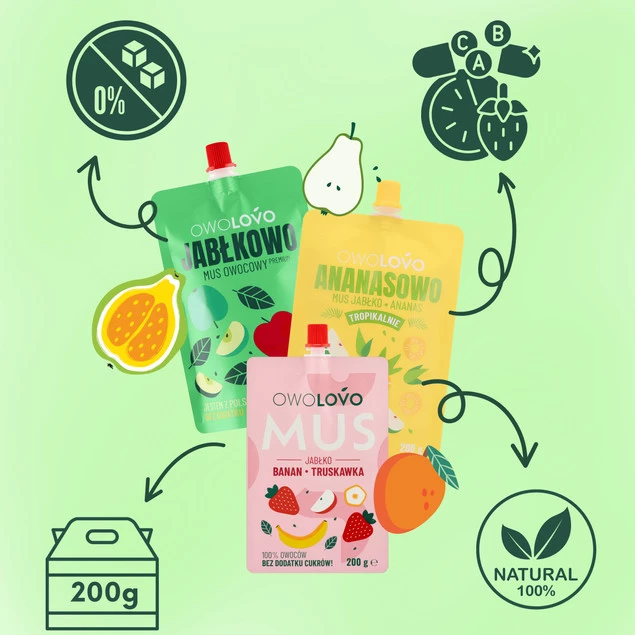 OWOLOVO PREMIUM mus owocowy JABŁKO BRZOSKWINIA JAGODA KAMCZACKA 200g NOWY_4