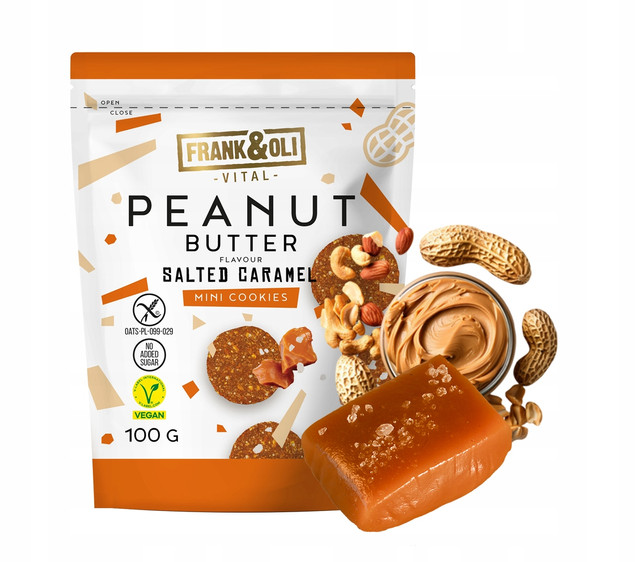 FRANK&OLI Ciasteczka Mini MASŁO ORZECHOWE SŁONY KARMEL Białko Błonnik 100g_1
