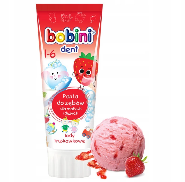 BOBINI Pasta Do Zębów DLA DZIECI 1-6 lat o Smaku LODÓW TRUSKAWKOWYCH 75ml_1