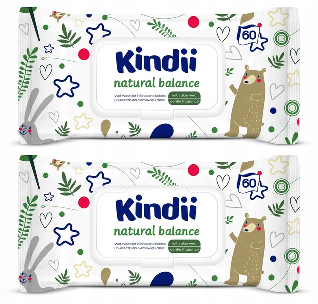 KINDII Chusteczki NAWILŻANE Natural Balance 60 szt. z Klapką x2_1