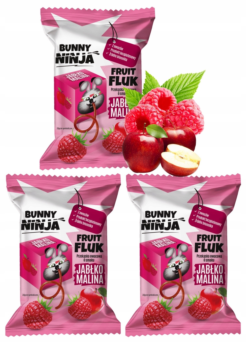 BUNNY NINJA Przekąska Owocowa JABŁKO MALINA Fruit Fluk 15g x3_1