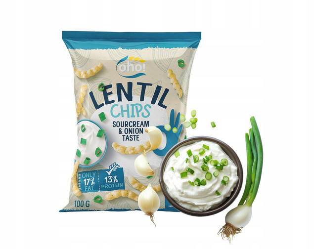 CHIPSY Chrupki z Czerwonej Soczewicy o Smaku ŚMIETANY i CEBULI 100g Oho!_1