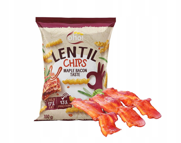 CHIPSY Chrupki z Czerwonej Soczewicy o Smaku BEKONU 100g PROTEINOWE Oho!_1