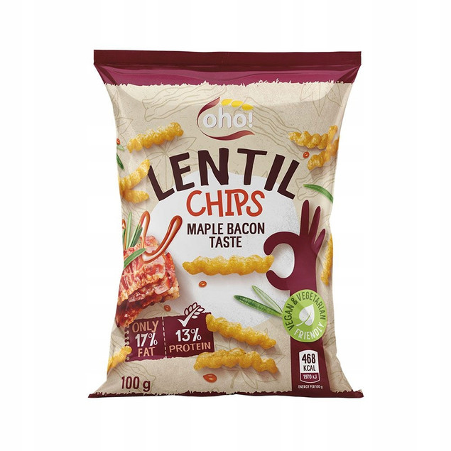 CHIPSY Chrupki z Czerwonej Soczewicy o Smaku BEKONU 100g PROTEINOWE Oho!_2