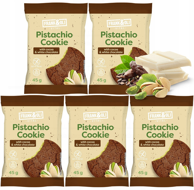 FRANK&OLI Ciastko Miękkie PISTACJA KAKAO BIAŁA CZEKOLADA Bez Cukru 45g x5_1