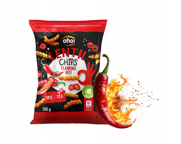 CHIPSY Chrupki z Czerwonej Soczewicy o Smaku FLAMING HOT 100g Oho!_1