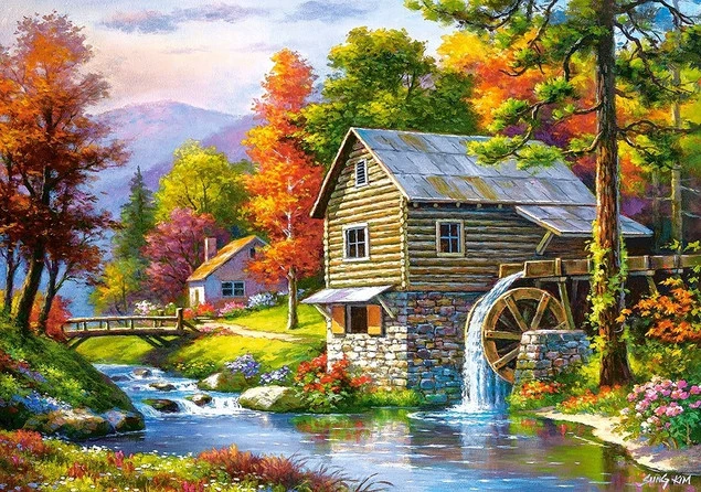 Puzzle 500 Układanka Krajobraz Widok Las MŁYN Rzeka 9+ Castorland_1