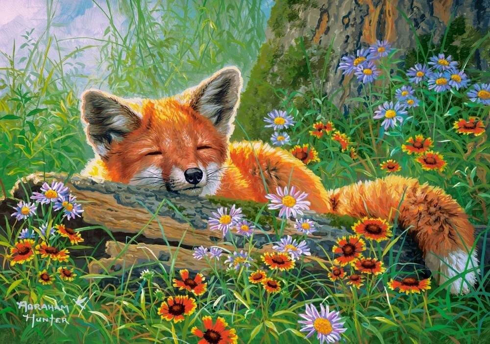 Puzzle 100 Układanka Natura ŚPIĄCY LIS Lisek Fox Las Kwiaty Pole 6+ Castor_1