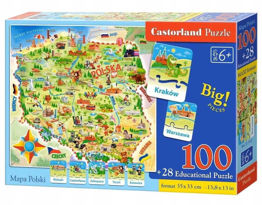 Puzzle 100 Układanka MAPA POLSKI Dla Dzieci 28 Puzzli z Miastami 6+ Castor_2