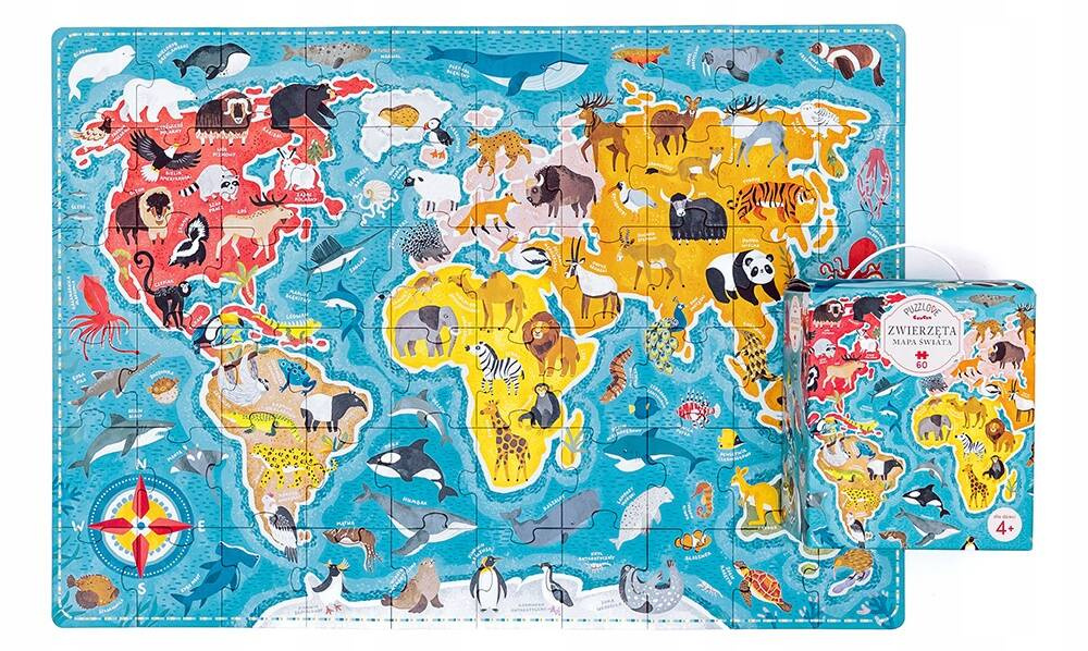 Puzzle 60 Układanka PuzzLove ZWIERZĘTA Mapa Świata Oceany Glob 4+ CzuCzu_1