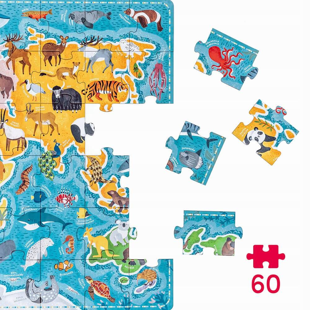 Puzzle 60 Układanka PuzzLove ZWIERZĘTA Mapa Świata Oceany Glob 4+ CzuCzu_3