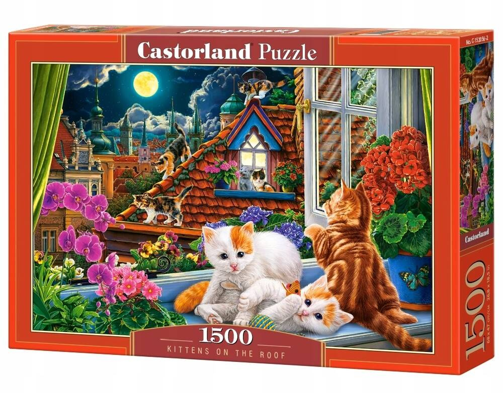 Puzzle 1500 Układanka Koty KOTKI Dach Okno Obraz Kwiaty Zwierzęta 9+ Castor_2