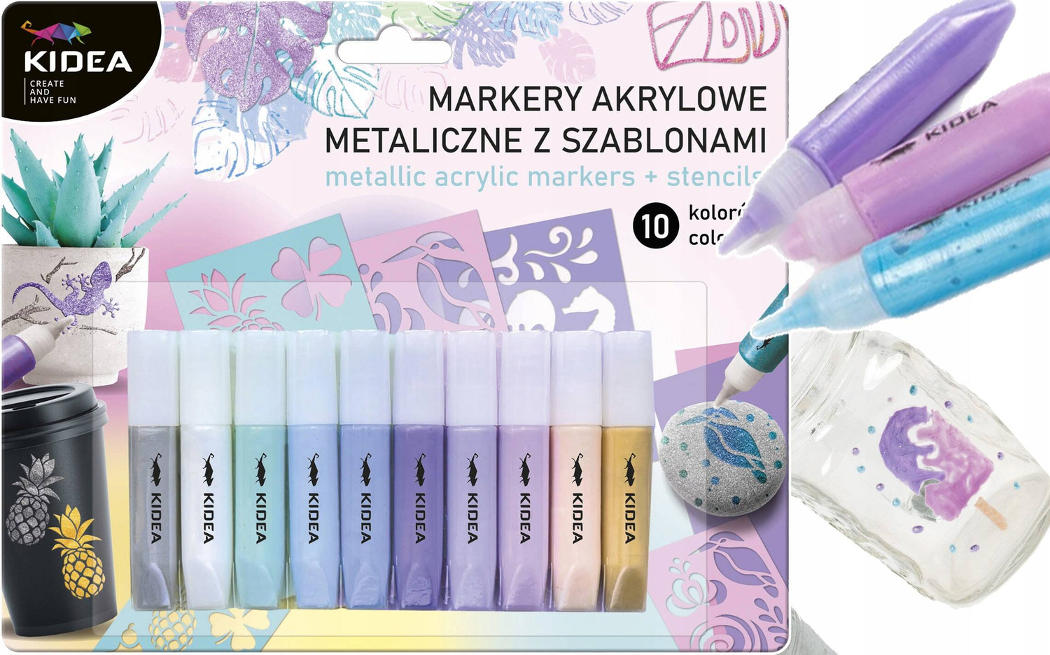 Markery Akrylowe Metaliczne Pastelowe Z Szablonami 10 Kolorów Kidea_1