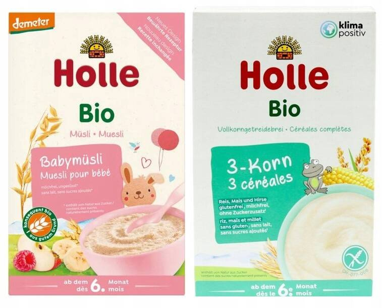 2x HOLLE BIO Kaszka Zbożowo Owocowa i Pełnoziarnista 3 Zboża Bez Cukru 6M+_1