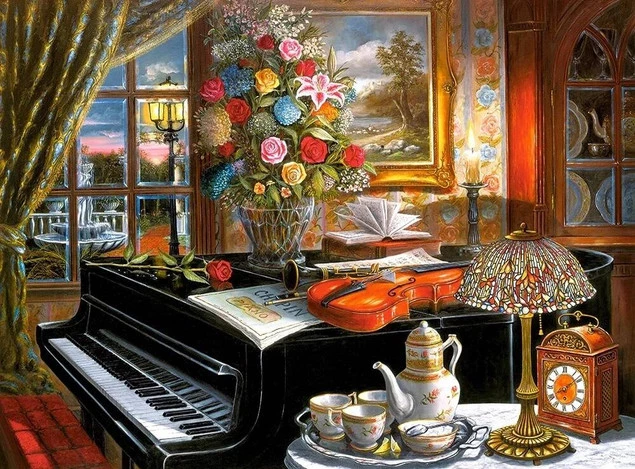 PUZZLE 2000 KWIATY PIANINO SKRZYPCE WIDOK WAZON BUKIET CASTORLAND_1