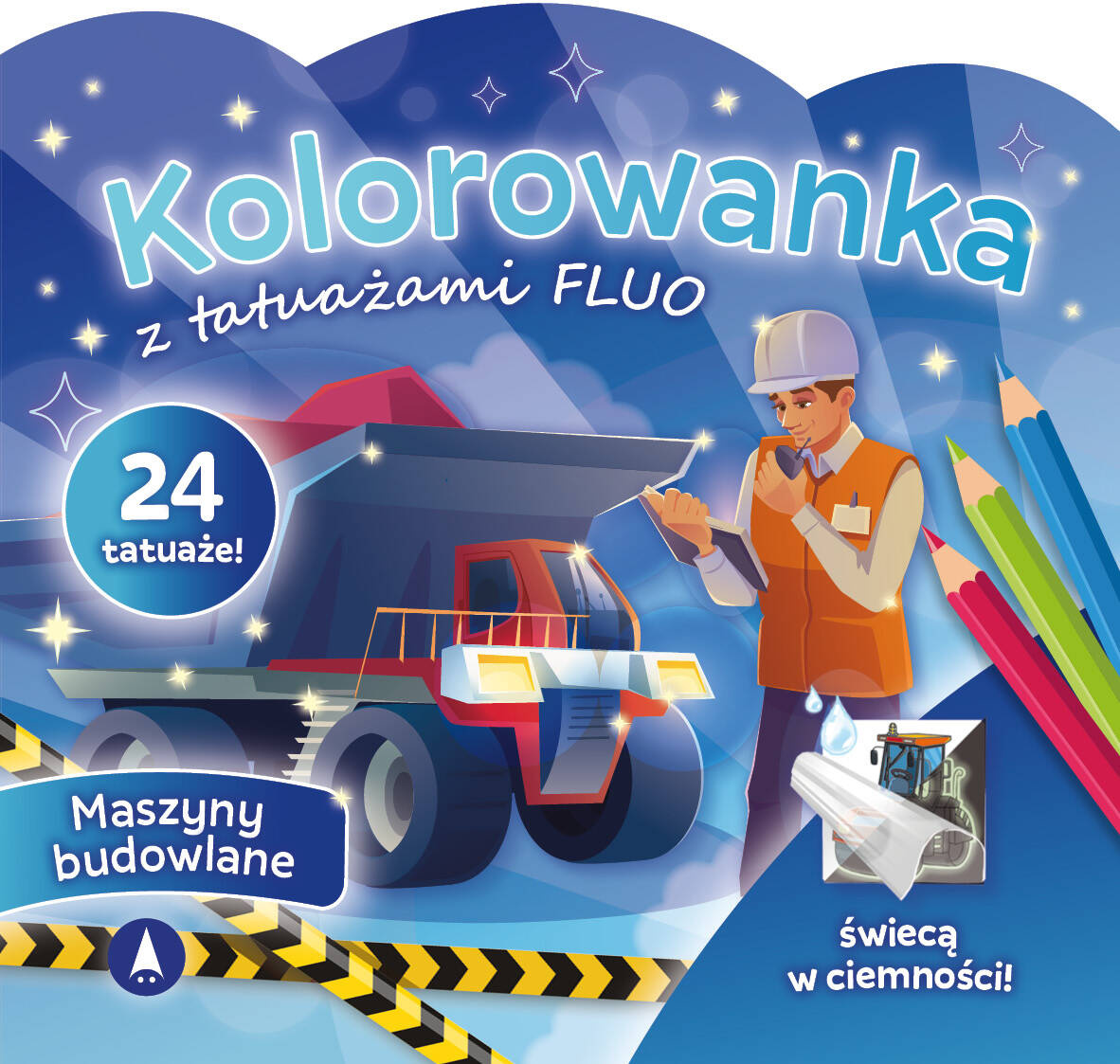 Kolorowanka z tatuażami FLUO Maszyny BUDOWLANE ŚWIECĄ W Ciemności Skrzat_1