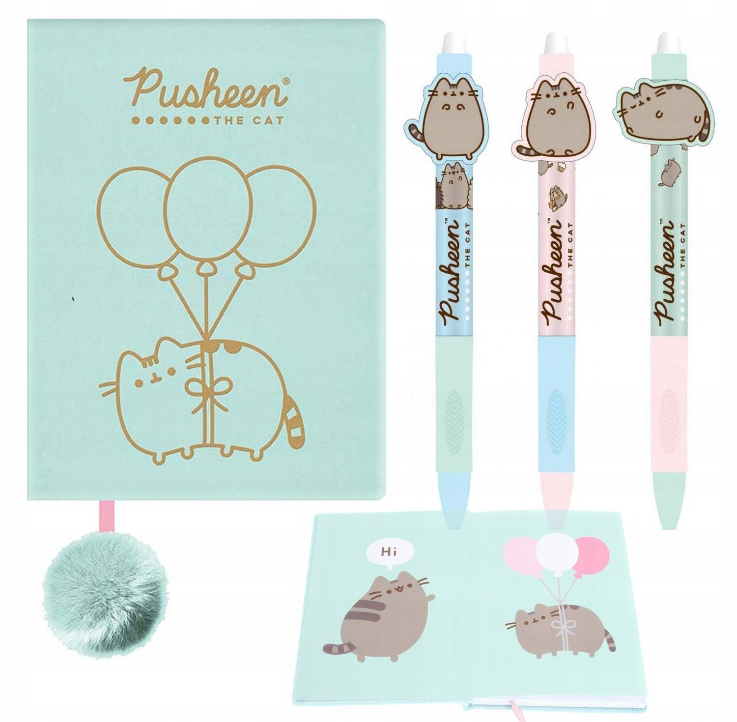 Pamiętnik Pluszowy Notes PUSHEEN + 3x Długopis Wymazywalny Kotek Majewski_1