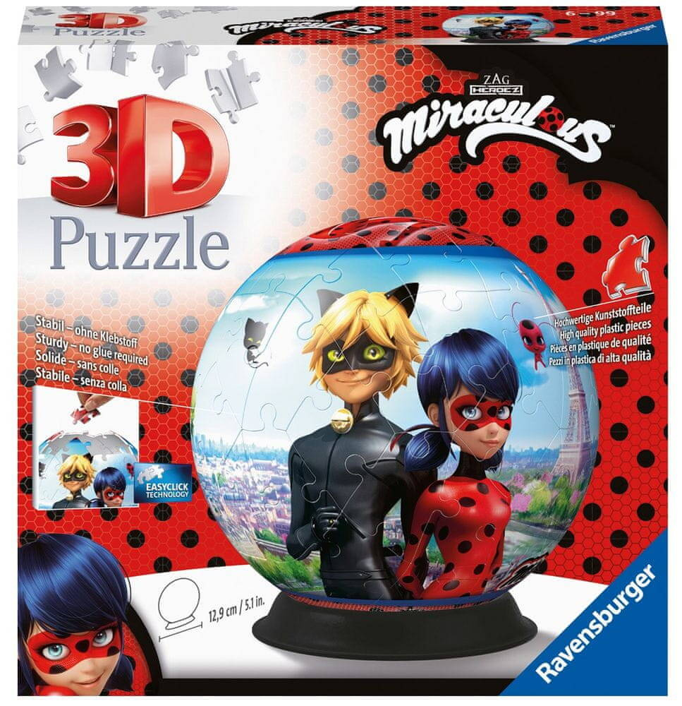 Puzzle 72 3D Układanka Kula Miraculous BIEDRONKA i KOT 10+ Ravensburger_3