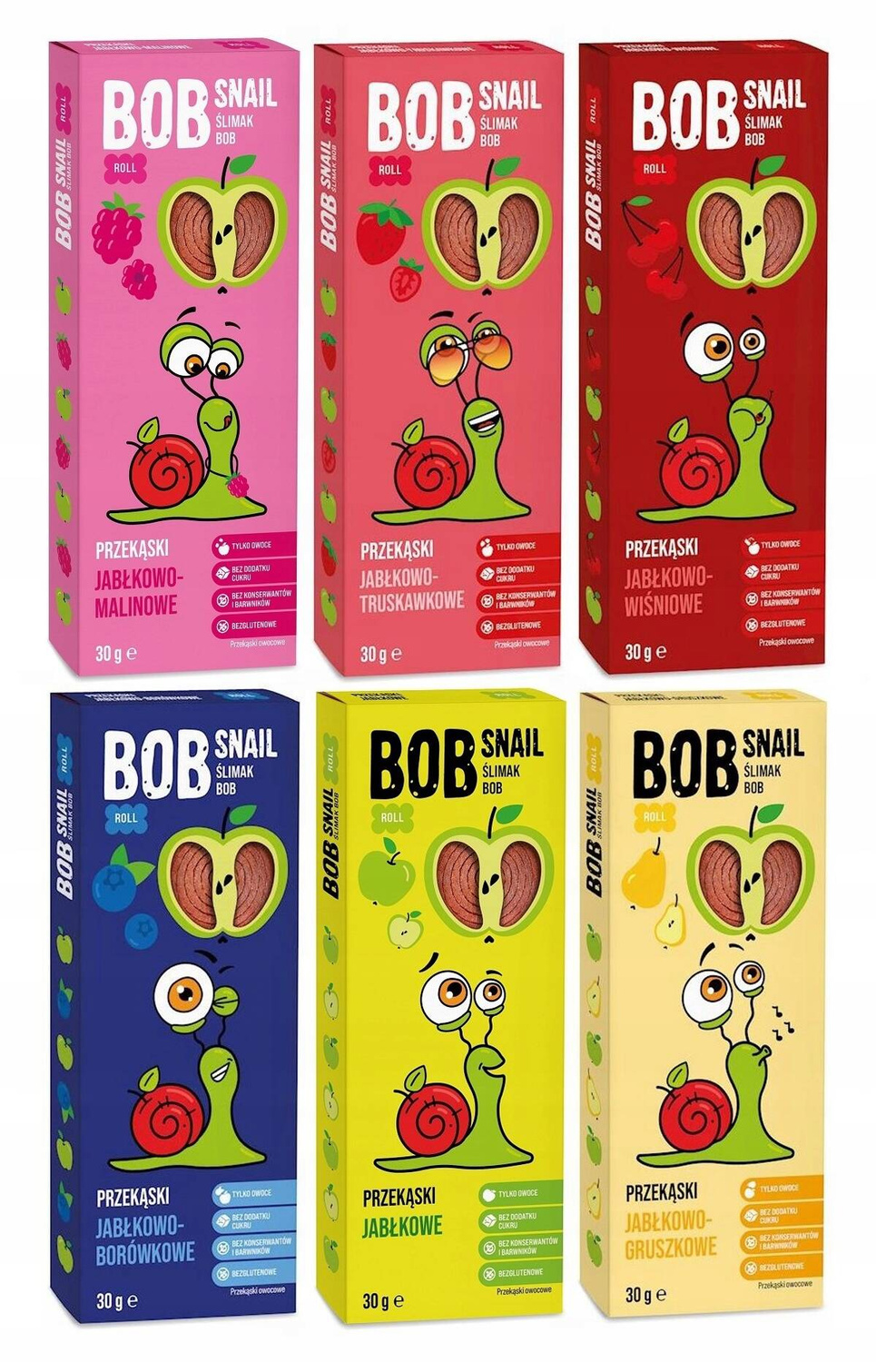 6x Przekąski BOB SNAIL Owocowe MIX Jabłko Malina Truskawka Bez Cukru 180g_1