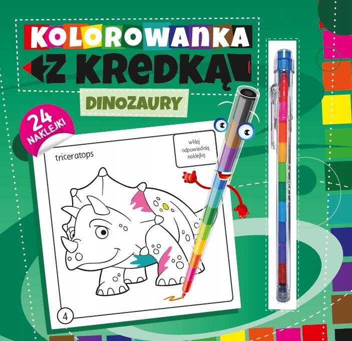 KOLOROWANKA Z KREDKĄ DINOZAURY + NAKLEJKI WYD. PRYZMAT_1