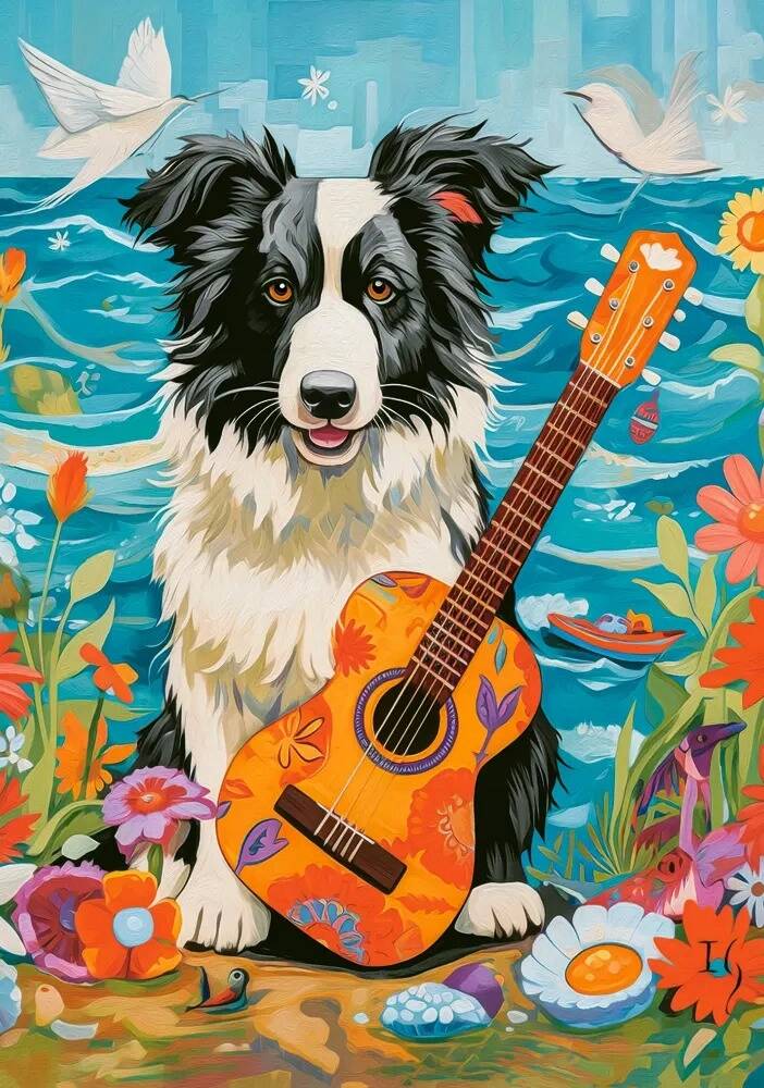 Puzzle 100 Układanka PIES Zwierzęta Border Collie Gitara Muzyka 6+ Castor_1