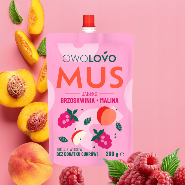 OWOLOVO PREMIUM mus owocowy JABŁKO BRZOSKWINIA MALINA 200g SMAK 3owoce_2