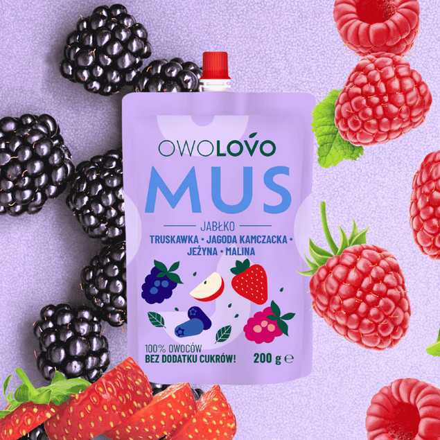 Mus owocowy OWOLOVO 4 smaki jabłko truskawka jagoda jeżyna malina 200g_2