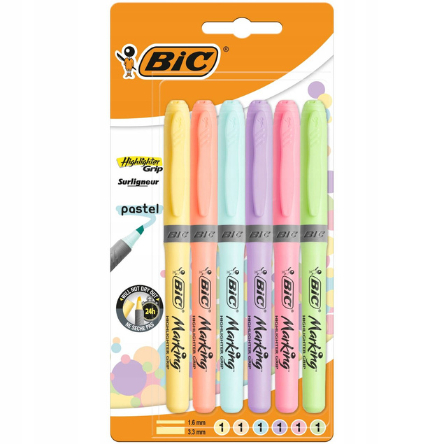 Zakreślacz Szkolny Highlighter PASTEL Grip Biurowy 6 Kolorów BIC_3