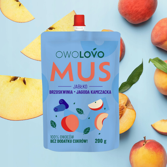 OWOLOVO PREMIUM mus owocowy JABŁKO BRZOSKWINIA JAGODA KAMCZACKA 200g NOWY