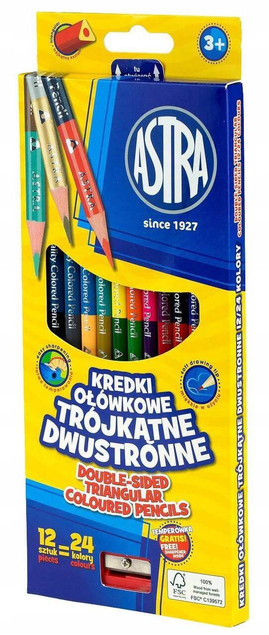 Kredki ołówkowe trójkątne dwustronne 12=24kol ASTRA