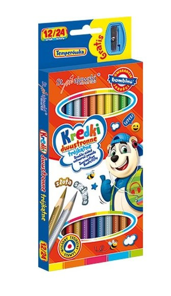 Kredki dwustr. 12/24kol. trójkątne 18cm + temperówka MAJEWSKI