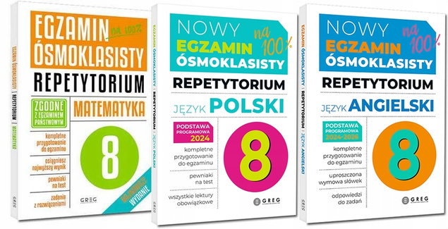 3x Egzamin Ósmoklasisty MATEMATYKA POLSKI ANGIELSKI Repetytorium Greg